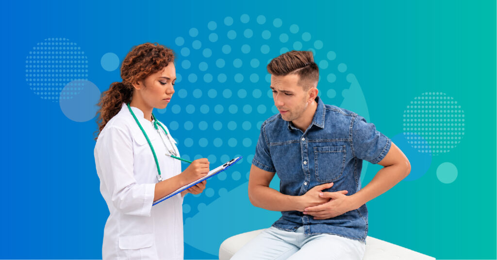 gastroenterologist reviewing IBS treatment with patient after persistent symptoms and considering medication diet gut-brain factors and reassessment