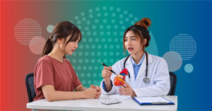 cardiologist reviewing LDL cholesterol results and secondary prevention plan with patient after a heart attack 