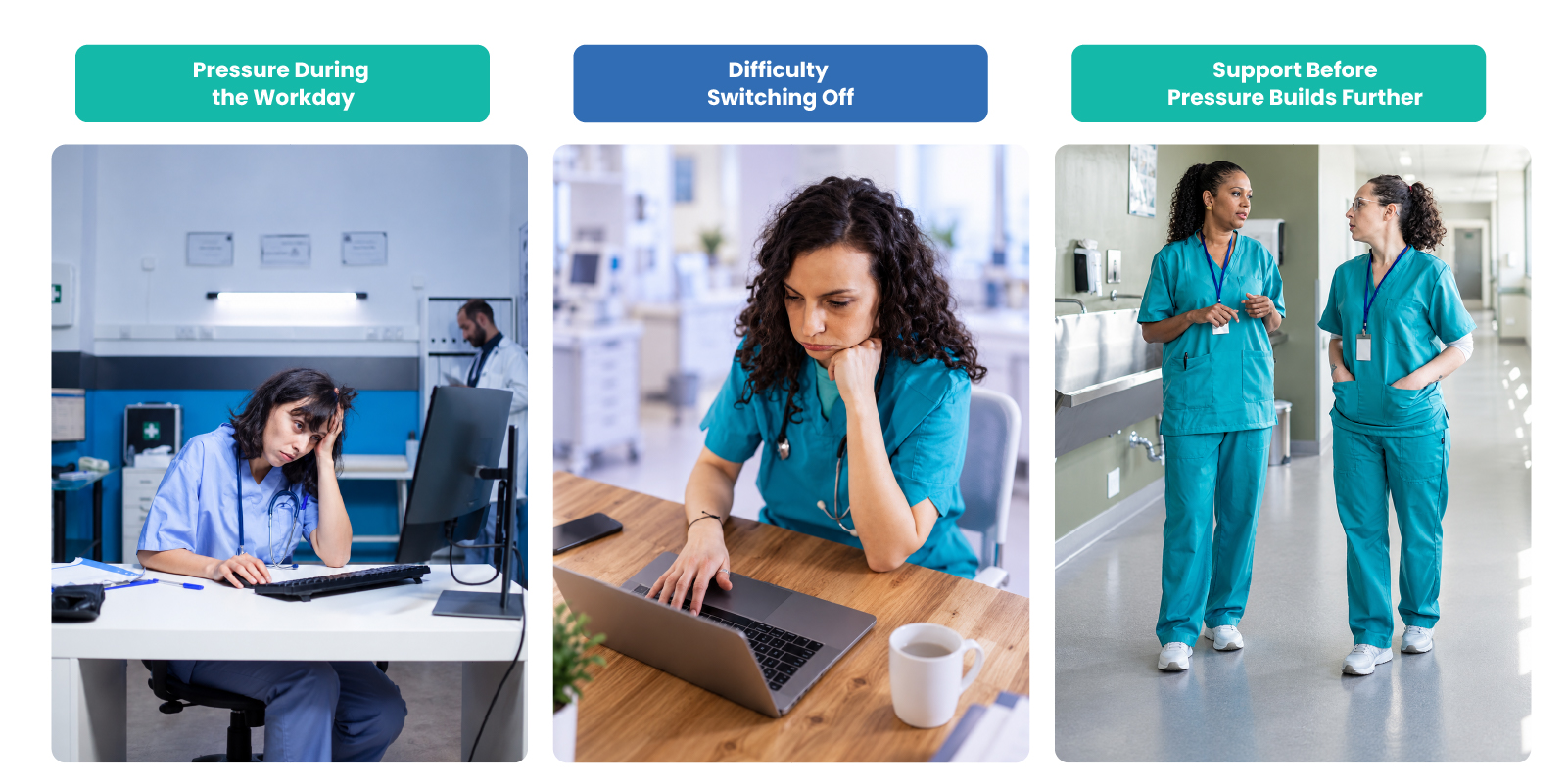 Healthcare professional managing workplace pressure, difficulty switching off and receiving early mental-wellness support. 