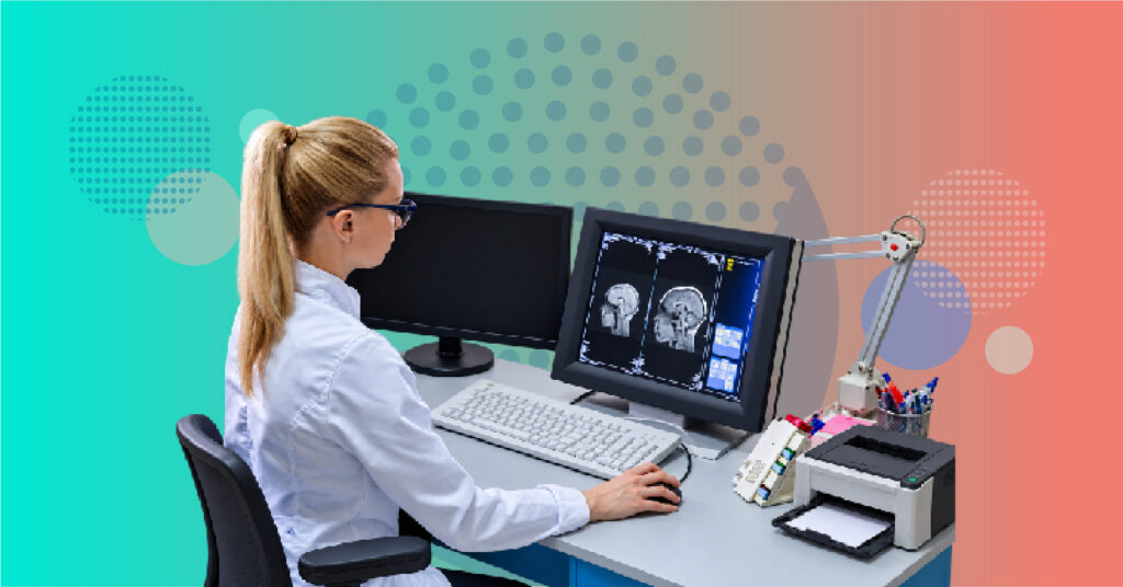 radiologist reviewing medical scans and creating a structured radiology report using a digital reporting system