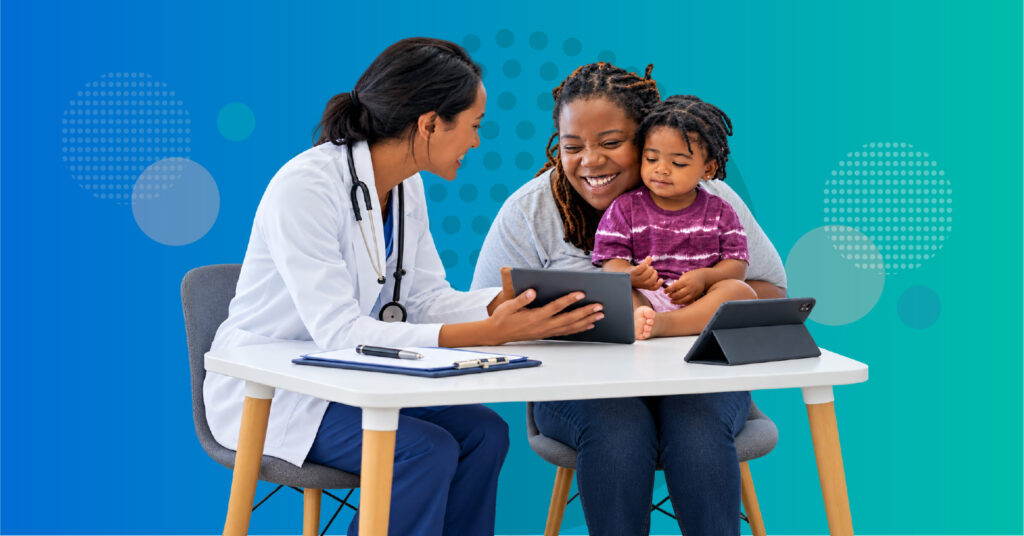 pediatrician discussing child screen time with parent and assessing tablet use for tantrums meals bedtime behavior and family routines
