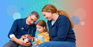 Pediatric cardiologist discussing an expandable pulmonary heart valve with a child and parent as part of long-term congenital heart disease care.