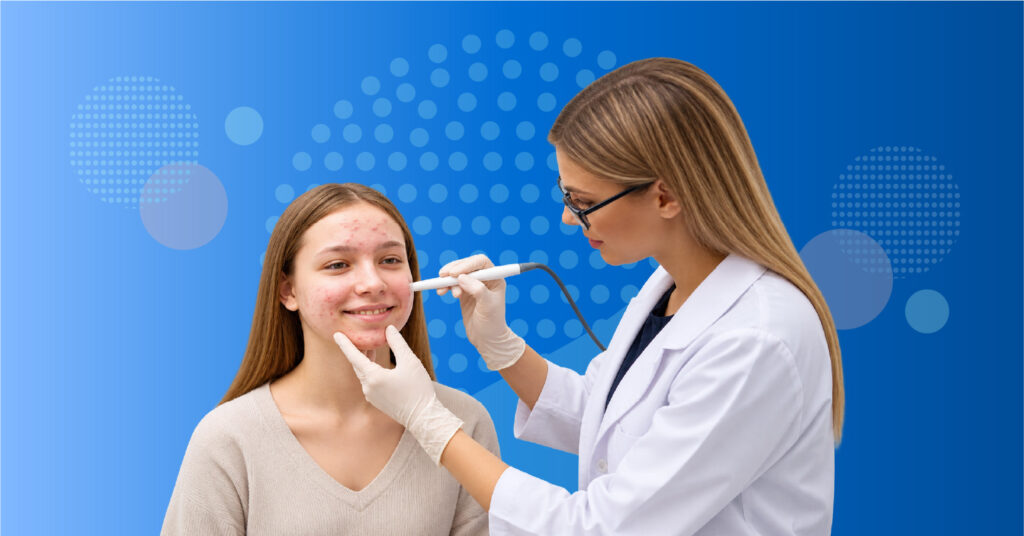 dermatologist reassessing adult acne treatment response adherence tolerability hormonal factors and treatment duration with a patient