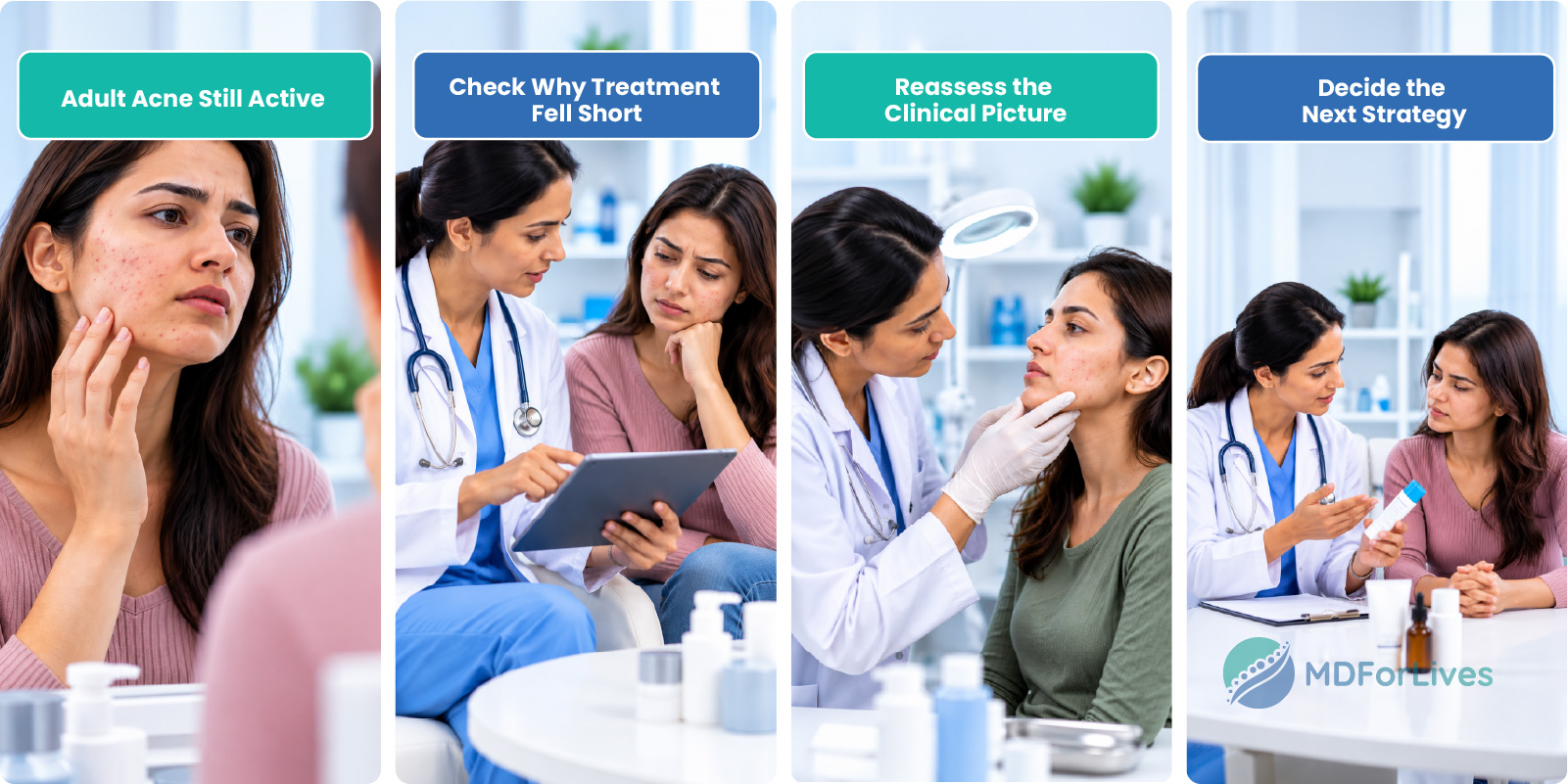 adult acne treatment infographic showing reassessment of treatment duration adherence irritation hormonal factors acne phenotype escalation and maintenance 