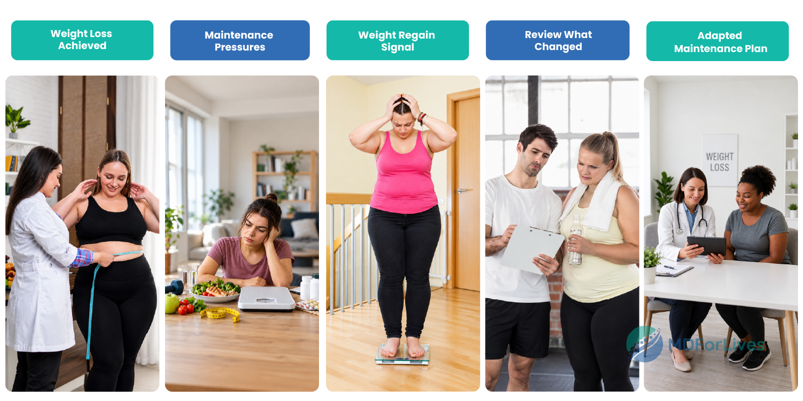 weight maintenance infographic showing hunger cravings stress sleep activity treatment changes and the pathway from weight regain to an individualized maintenance plan