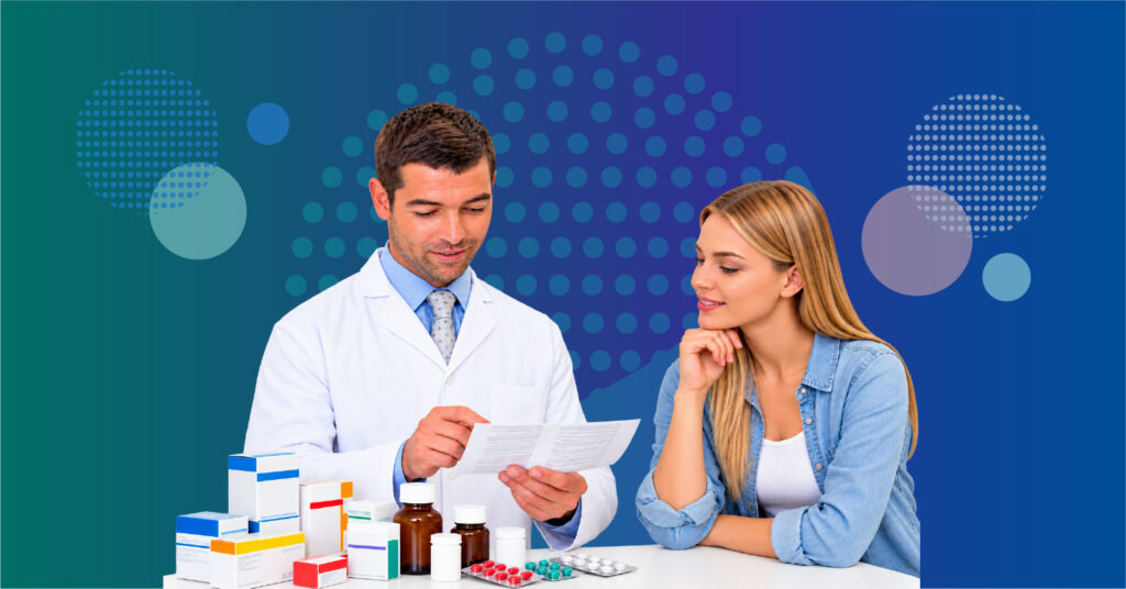 pharmacist providing patient consultation while balancing dispensing documentation and operational workload in a busy pharmacy setting