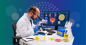 Healthcare professional reviewing a urine liquid biopsy test for molecular signals associated with bladder cancer.