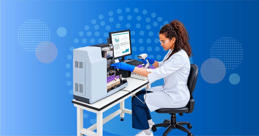laboratory professional managing specimen accessioning barcode verification and digital orders before laboratory testing