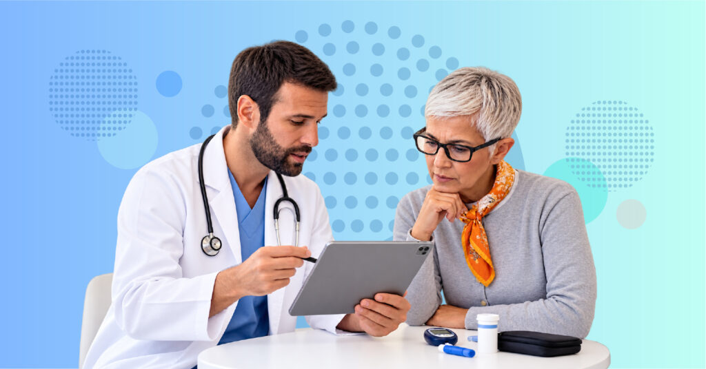 endocrinologist reviewing A1C and continuous glucose monitoring results showing blood sugar highs lows and glucose variability with a patient
