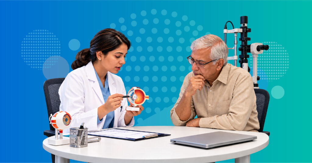 ophthalmologist reviewing glaucoma medication adherence eye drop technique and intraocular pressure control with an adult patient