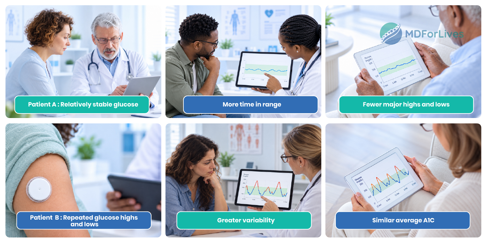 A1C and CGM infographic showing how similar A1C levels can hide different blood sugar patterns including time in range glucose highs lows and variability