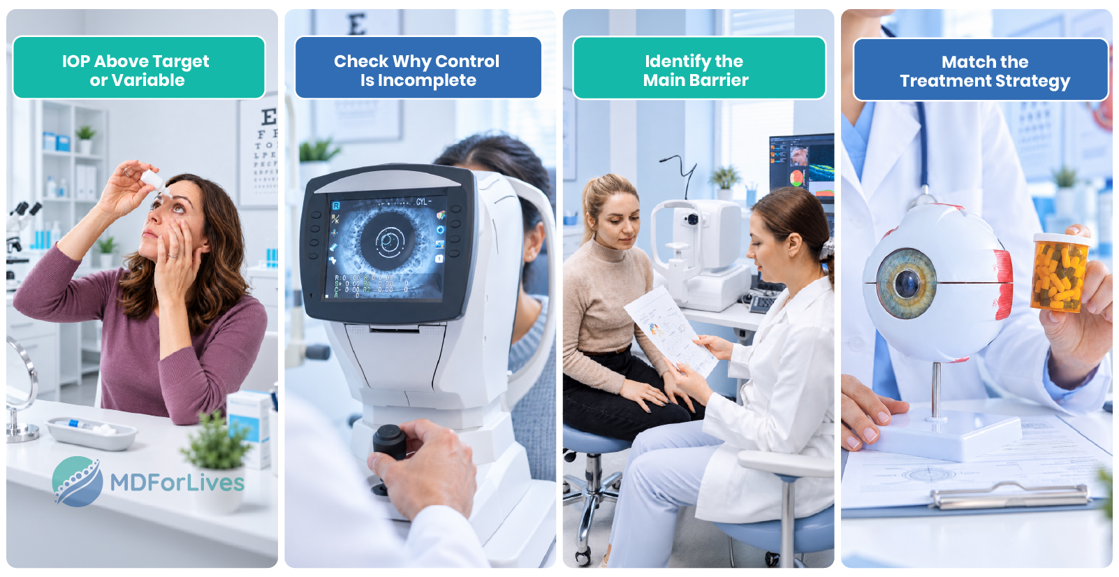 glaucoma treatment infographic showing IOP assessment medication adherence eye drop technique ocular surface disease regimen simplification SLT and sustained-release therapy