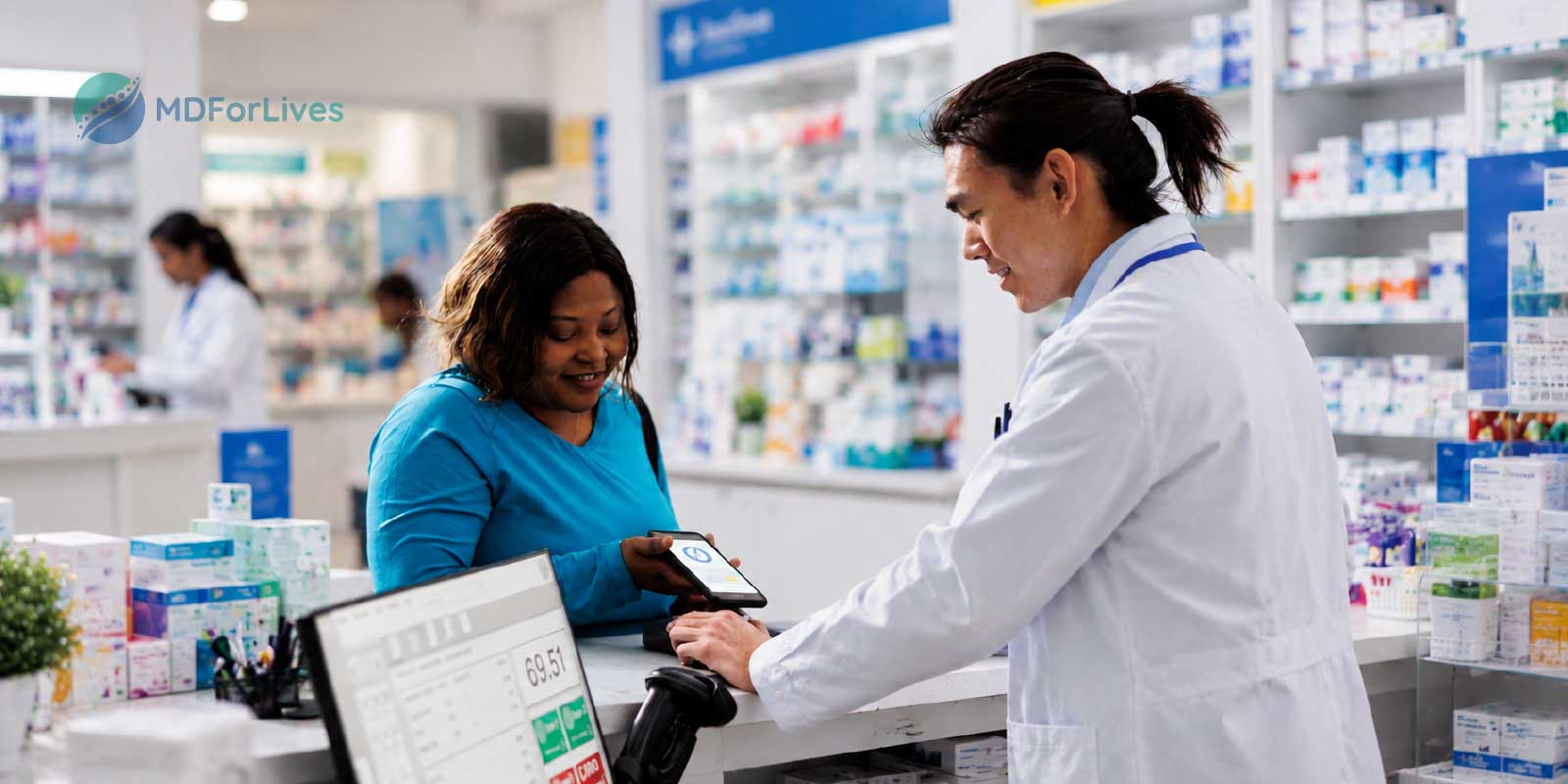 AI in pharmacy infographic showing alert prioritization patient-context review escalation workflow and pharmacist oversight in prescription verification