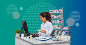 pharmacist reviewing AI-assisted prescription verification with clinical alerts and patient data in a modern pharmacy setting