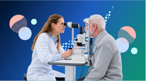 Ophthalmologist examining an older patient using a slit lamp for retinal disease